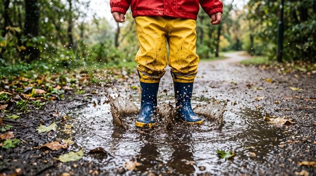 Child in rain boots splashing in muddy puddle on a forest path