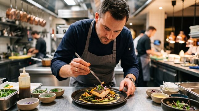 Chef meticulously garnishing a gourmet fish dish in a professional kitchen