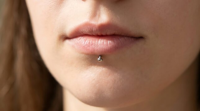Close up of a lip piercing on a young person