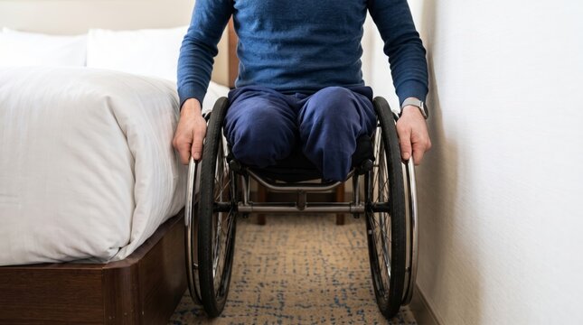 Man in wheelchair navigating narrow hotel room space