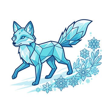 Crystal fox illustration with frozen snowflakes, geometric winter animal vector graphic.