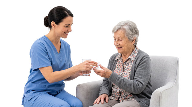 Professional female nurse giving medication to senior woman, elderly patient receiving healthcare assistance, home care nursing service isolated PNG with Transparent Background