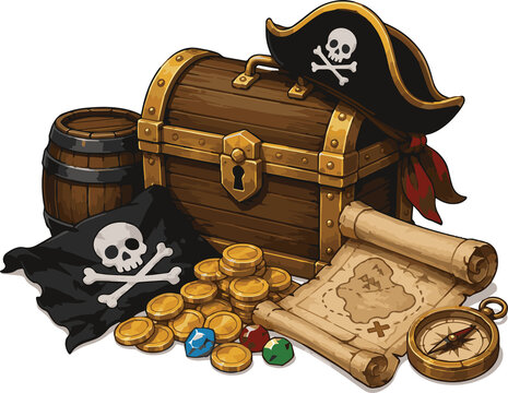 Pirate treasure chest illustration with pirate hat and map isolated on transparent background