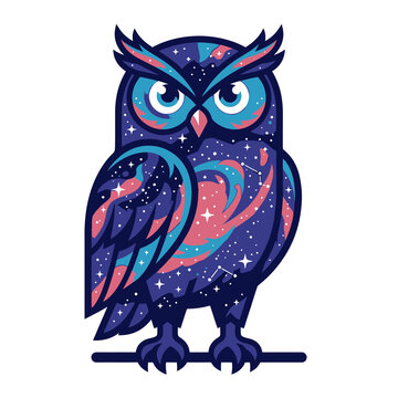 Cosmic owl mascot flat vector illustration with galaxy texture and starry night pattern
