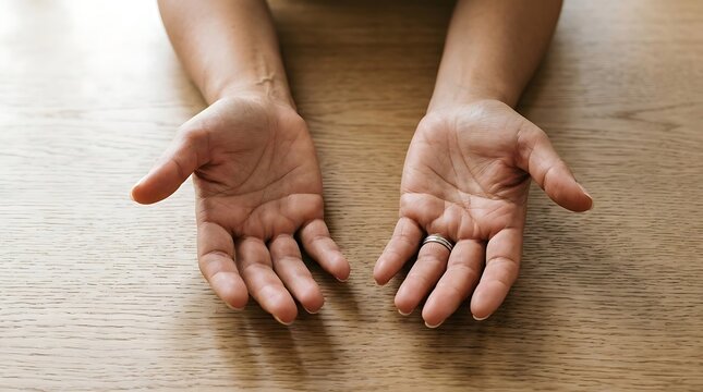 Pair of open human hands resting palms up on a wooden table