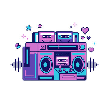Vintage boombox with equalizer and music notes in synthwave pixel art style vector illustration