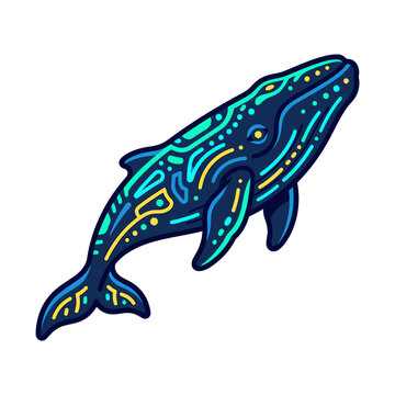 Vibrant bioluminescent whale mascot vector illustration with tribal patterns and glowing details