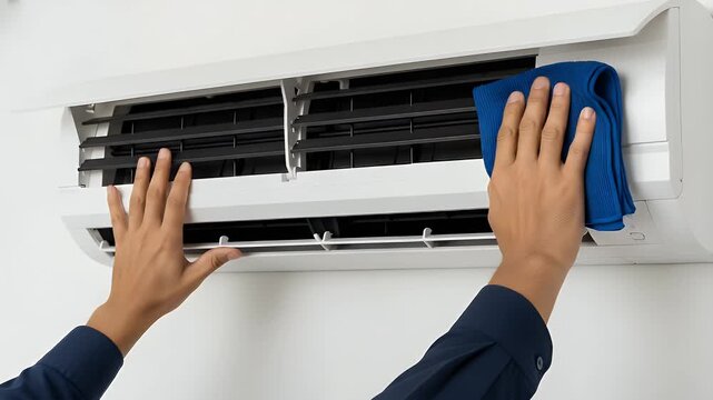 Professional cleaning service technician carefully maintaining a wall-mounted air conditioning unit for optimal system performance and ensuring healthy indoor air quality during seasonal use.