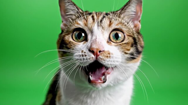 Shocked Calico Cat Portrait with Wide Eyes Isolated on a Vibrant Green Background Studio Shot Professional Photography