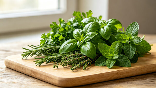 Collection of Fresh Aromatic Culinary Herbs on Light Wooden Cutting Board, Basil, Mint, Rosemary, Thyme and Parsley Sprigs, Organic Cooking Seasoning Ingredients