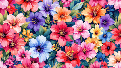 Fototapeta premium Vibrant Tropical Floral Pattern with Hibiscus and Exotic Blooms Seamlessly Intertwined, Creating a Cheerful and Colorful Botanical Design