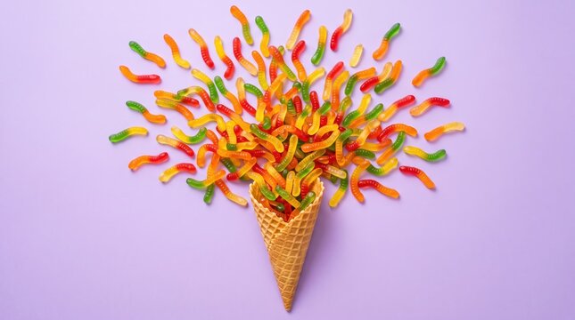 Ice cream cone with gummy candy on pastel pink background. Minimal food concept. Flat lay.
