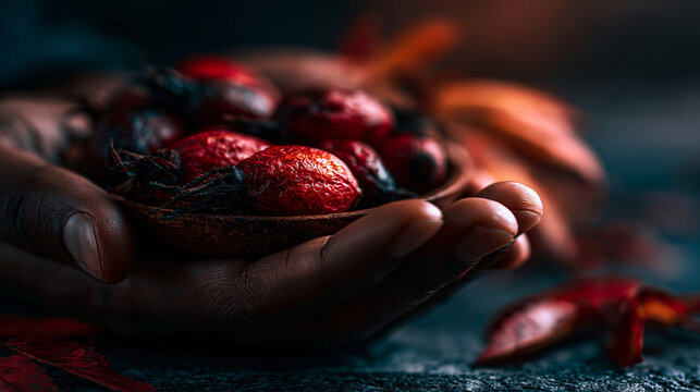 Hands holding fresh red organic rose hips in natural light with rosehips