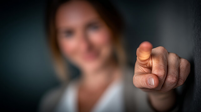 A person pointing a finger directly toward the camera with a blurred background pointing selection