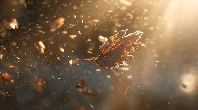 Fallen autumn leaf drifting in sunlight with dust particles