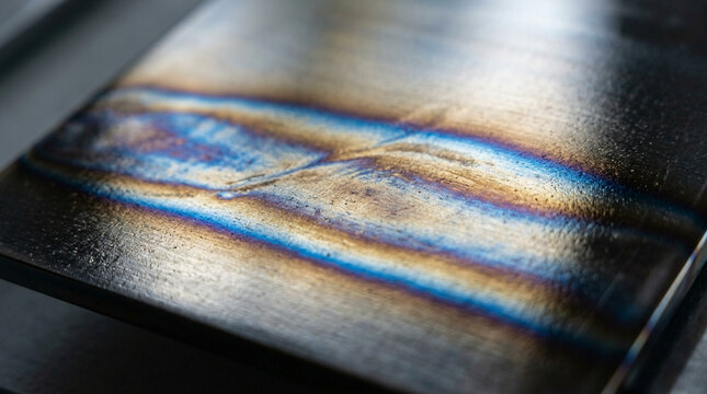 Close-up of metal surface with heat-treated weld marks, vibrant colors, industrial texture.