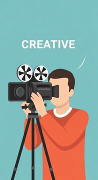 Vector illustration of a creative filmmaker operating a vintage movie camera on a tripod.
