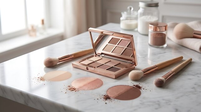 Pink makeup eyeshadow palette with cosmetic brushes on a bright vanity table. eyeshadow blending tips