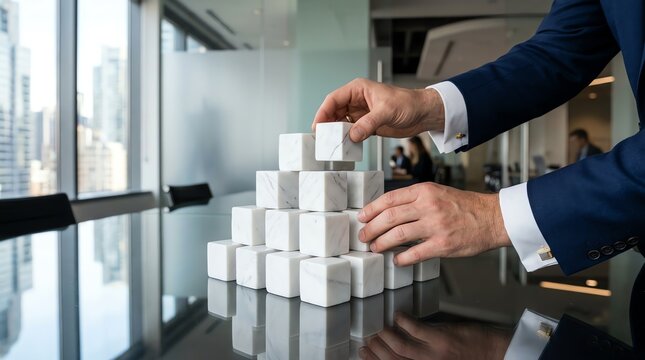 Businessman carefully builds a foundation of white blocks, symbolizing strategic planning, business growth, and the meticulous path to corporate success