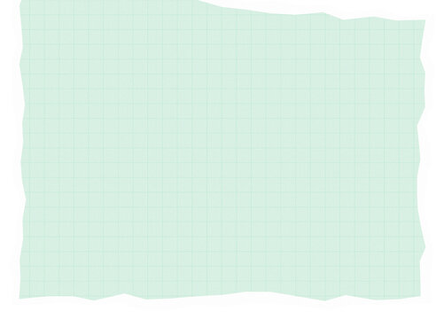 Light green rectangular paper sheet with torn rough edges and grid lines for note taking or creative design projects with a simple minimalist style for school and office stationery use