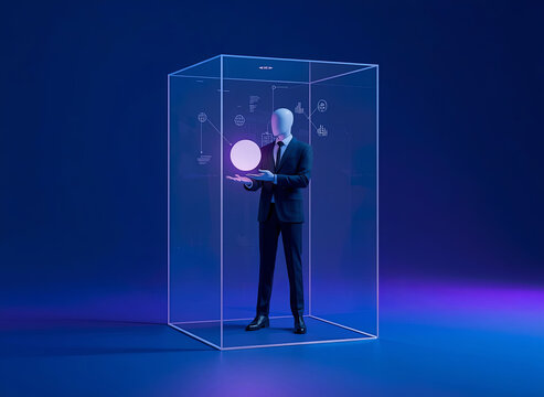 Illustration: A businessman stands inside a transparent geometric cube, holding a glowing sphere. A concept of strategic thinking.