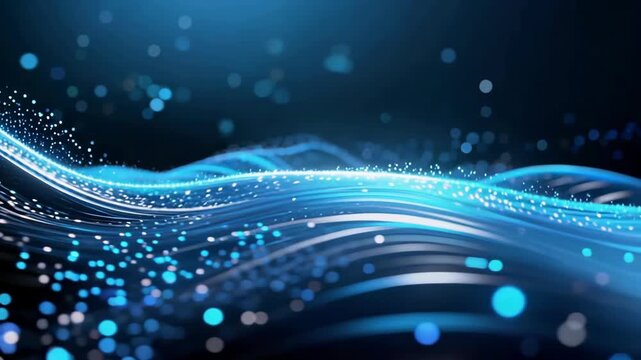 Abstract Blue Digital Data Flow Waves with Glowing Particles and Bokeh Background for Technology and Connectivity Concepts