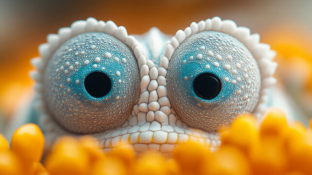 The chameleon's eyes hiding behind the yellow particles