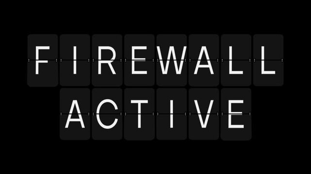 Split-Flap FIREWALL ACTIVE Cybersecurity Status Display Animation on Black Background