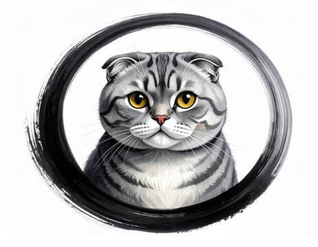 minimalist zen circle framing a domestic scottish fold cat illustration