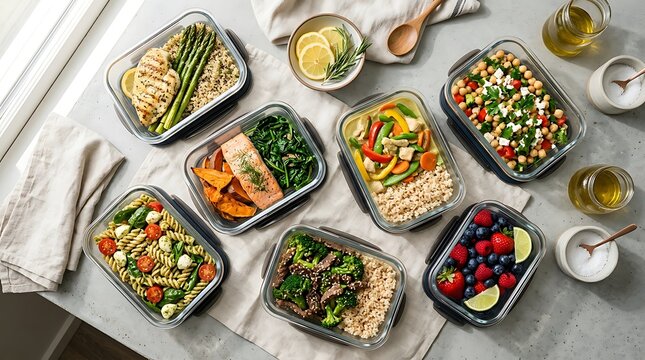 Healthy meal prep containers with fresh food and vegetables on a table. leakproof food containers