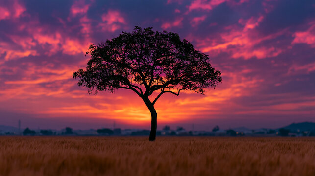Lonely tree silhouetted against a dramatic sunset sky with silhouette, landscape