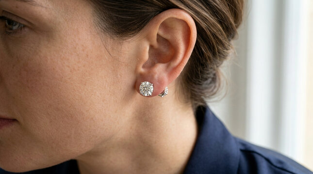 Woman's ear wearing sparkling diamond stud earrings, elegant jewelry close-up
