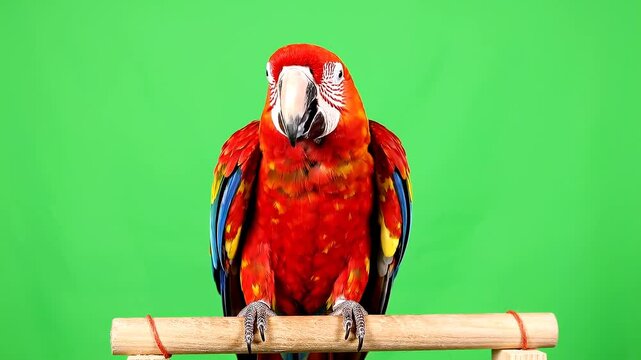 A colorful macaw parrot perched on a wooden bar against a vibrant green screen background for studio production work