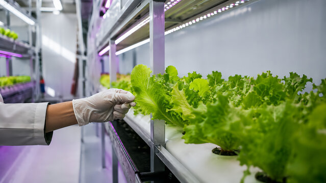 Indoor vertical farming facility with fresh green crops under purple LED grow lights