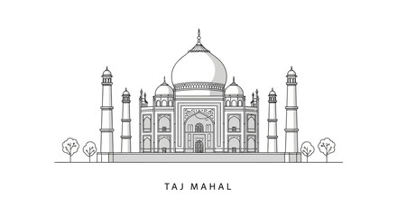 Naklejka premium Taj Mahal sketch, minimalist line art of iconic India landmark.