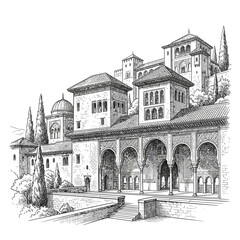 Fototapeta premium Intricate Drawing of Alhambra Palace Courtyard with Arches and Towers