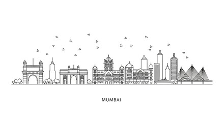 Fototapeta premium Mumbai Skyline Black and White Line Art - Iconic Landmarks and Modern Buildings