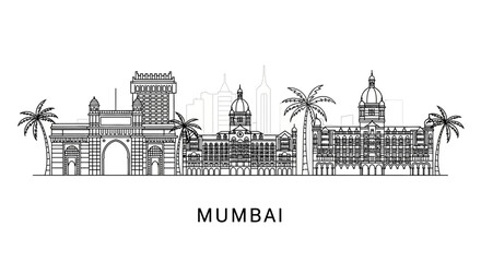 Naklejka premium Mumbai Skyline Line Art: Iconic Landmarks & Palm Trees Outline Vector