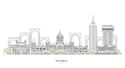 Naklejka premium Mumbai Skyline Outline Art - India Cityscape Sketch Illustration