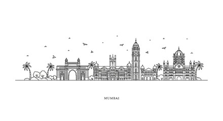 Naklejka premium Mumbai Skyline - Iconic Architecture in Black and White Line Art