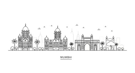 Naklejka premium Mumbai Skyline Outline Illustration - India Landmark Architecture Drawing