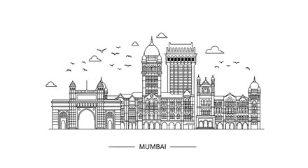 Naklejka premium Mumbai Skyline Line Art - Iconic Indian Architecture and Cityscape Drawing