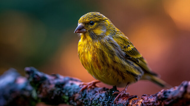 Common canary bird perched on a mossy branch with animal life, small bird