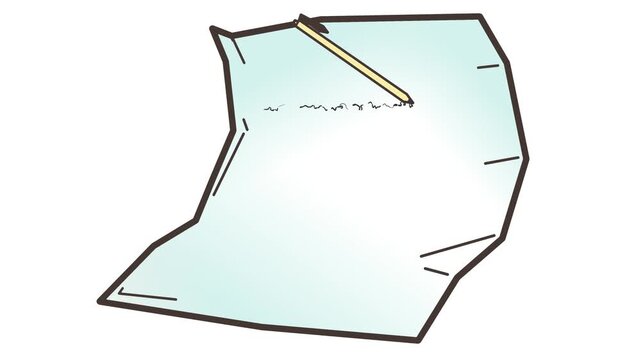 A pen writes on a crumpled or folded sheet of paper.