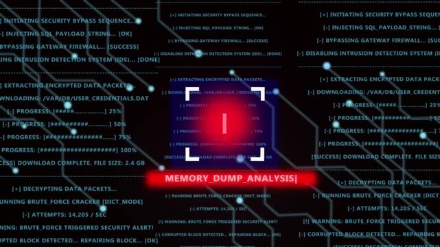 Advanced cyber security breach warning interface featuring real-time memory dump analysis, encrypted data packet decryption, and critical system intrusion detection alerts on a digital network