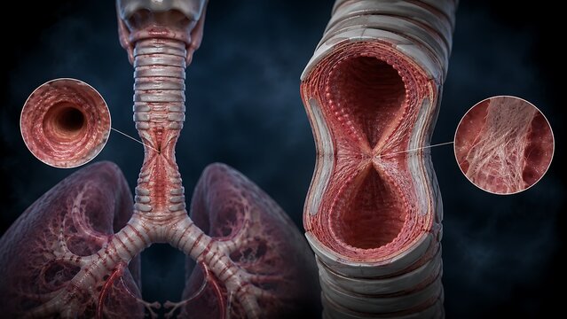 Tracheal Stenosis with Severe Airway Narrowing in Human Respiratory System, Tracheal Obstruction and Reduced Airway Lumen Shown in Cross Section, Pulmonary Medical Illustration