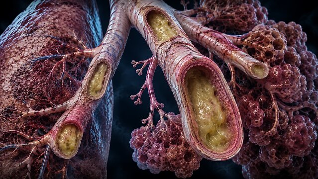 Bronchiectasis with Dilated Bronchi and Excessive Mucus in Human Respiratory System, Chronic Airway Damage and Bronchial Wall Thickening, Pulmonary Disease Medical Illustration