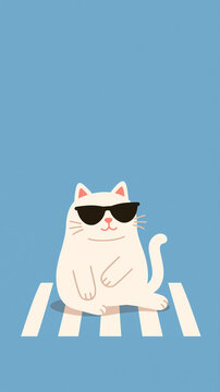 A cute white cat wearing black sunglasses sits calmly on a white crosswalk against a simple blue background in this fun flat vector illustration