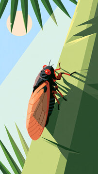 A detailed illustration of a cicada with orange wings and red eyes climbing up the side of a green tree trunk during a sunny day