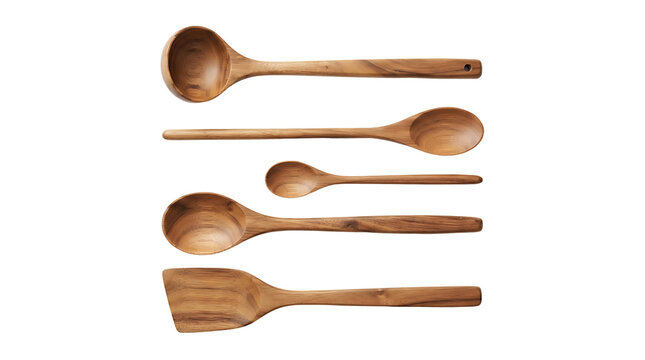 A collection of five natural wooden kitchen utensils, including a ladle, various spoons, and a spatula, arranged neatly on a white background.